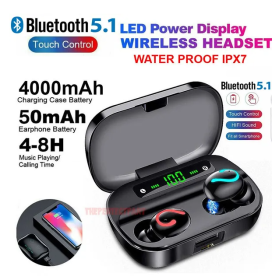 Bluetooth 5.1 Headset TWS Wireless Earphones Mini Earbuds Stereo Headphones IPX7 (Color: Black)